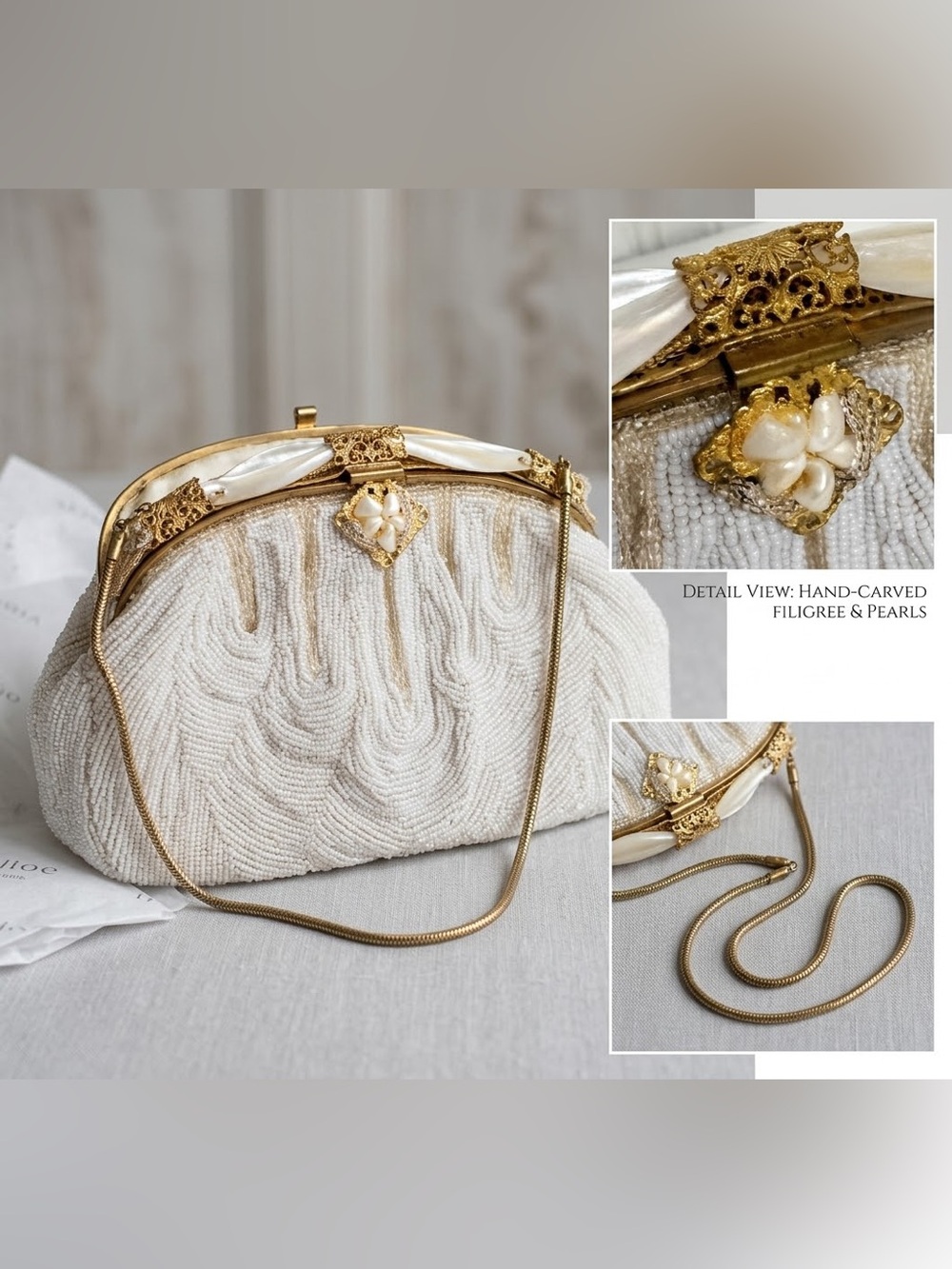 Vintage women’s beaded purse handbag mother pearl